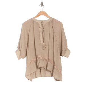 Everleigh Anthropology Top, Tan Ruffle Hem, Lace, Pom-Poms, Tassels Blouse NEW